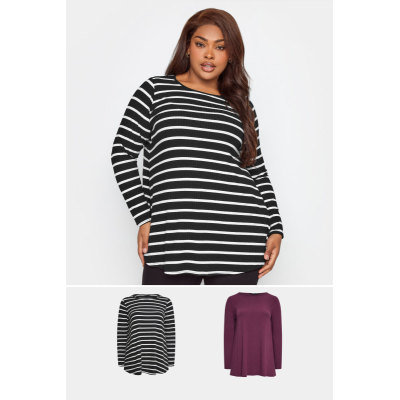 YOURS Curve 2 PACK Black & Purple Stripe Ribbed Swing Top