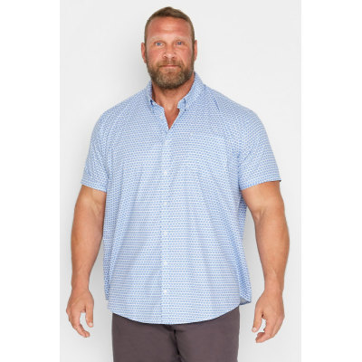BadRhino Big & Tall White & Blue Geometric Floral Print Poplin Shirt
