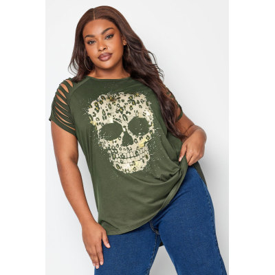 YOURS Curve Khaki Green Skull Print T-Shirt