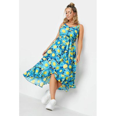 LIMITED COLLECTION Curve Blue Floral Frill Hem Midaxi Dress
