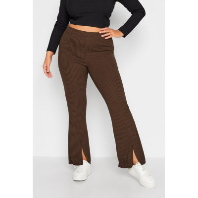 YOURS Curve Chocolate Brown Ribbed Split Front Flared Stretch Trousers