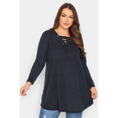 YOURS Curve Navy Blue Ribbed Lace Up Swing Top