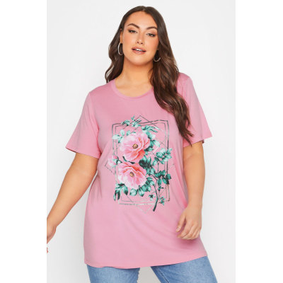 YOURS Curve Pink Floral Foil Print T-Shirt