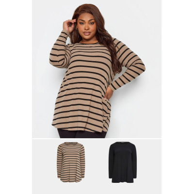 YOURS Curve 2 PACK Black & Brown Stripe Ribbed Swing Top
