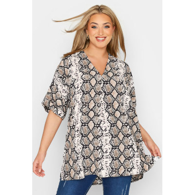 YOURS Curve Grey Snake Print Pleat Front V-Neck Top