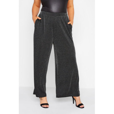 YOURS Curve Black Glitter Stretch Wide Leg Trousers