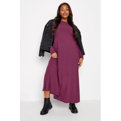 YOURS Curve Purple Ribbed Long Sleeve Swing Maxi Dress