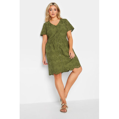 YOURS PETITE Curve Khaki Green Broderie Anglaise Smock Dress