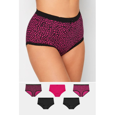 YOURS Curve 5 PACK Black & Pink Heart Print Full Briefs