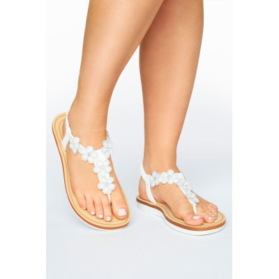 White PU Diamante Flower Sandals In Wide E Fit & Extra Wide EEE Fit