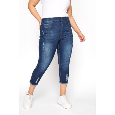 YOURS FOR GOOD Curve Indigo Blue Distressed JENNY Stretch Cropped Jeggings