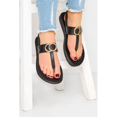 LIMITED COLLECTION Black & Gold Double Ring Sandals In Wide E Fit & Extra Wide EEE Fit