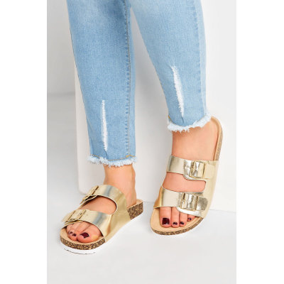 Gold Buckle Strap Footbed Sandals In Wide E fit & Extra Wide EEE Fit