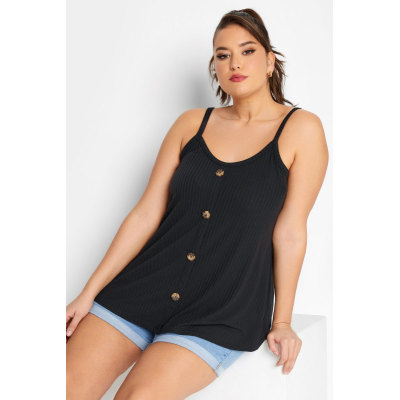 LIMITED COLLECTION Curve Black Ribbed Button Cami Vest Top