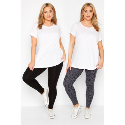 YOURS 2 PACK Curve Black & Grey Leopard Print Soft Touch Stretch Leggings