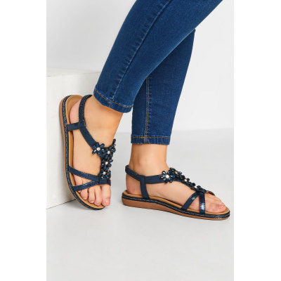 Navy Blue Glitter Floral Diamante Studded Sandals In Wide E Fit & Extra Wide EEE Fit