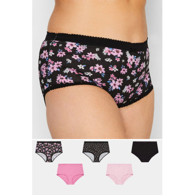 YOURS Curve 5 PACK Black & Pink Floral Full Briefs