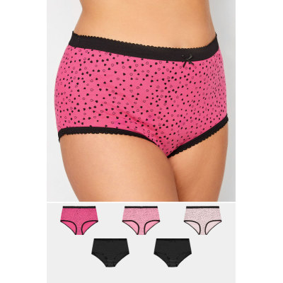 YOURS Curve 5 PACK Hot Pink Heart Print Full Briefs