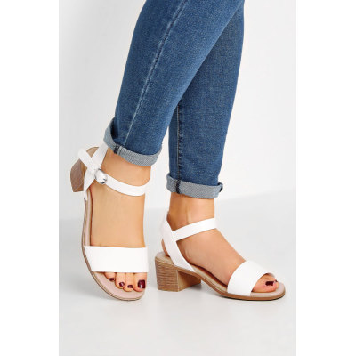 White Block Strappy Low Heel Sandals In Extra Wide EEE Fit