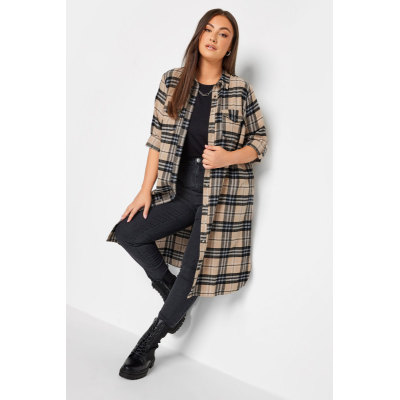 YOURS Curve Beige Brown Check Print Longline Shirt