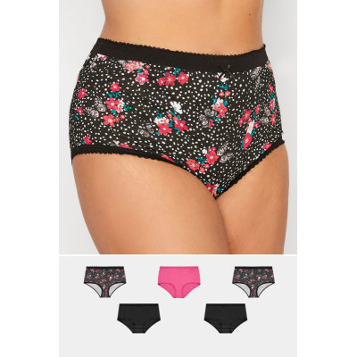 5 PACK Curve Pink & Black Butterfly Floral Print High Waisted Full Briefs