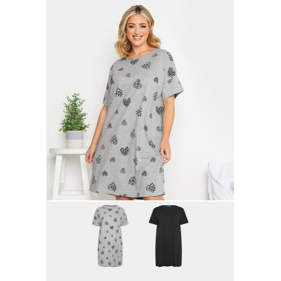 YOURS Curve 2 PACK Grey Animal Heart Print Nightdress