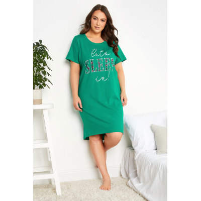 YOURS Curve Green 'Let's Sleep In' Slogan Nightdress