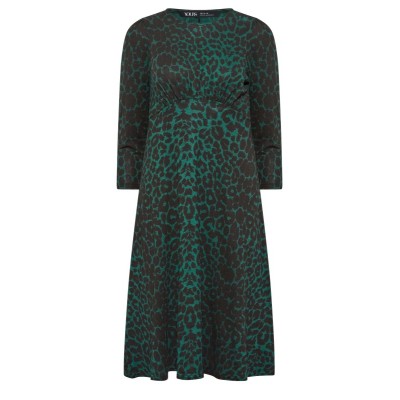 YOURS PETITE Curve Dark Green Leopard Print Midi Dress