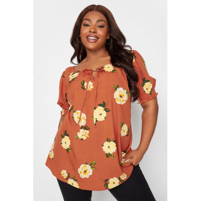 YOURS Curve Rust Orange Floral Print Gypsy Top