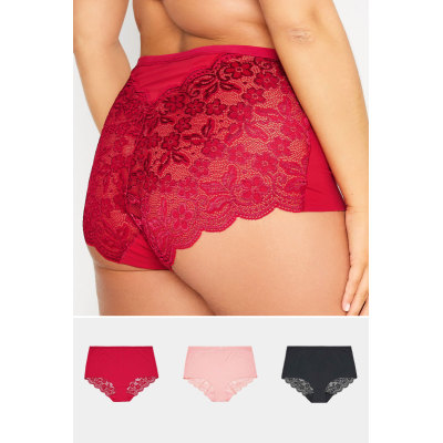 3 PACK Curve Red & Black Lace Back High Waisted Knickers