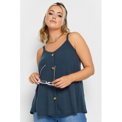 LIMITED COLLECTION Curve Navy Blue Ribbed Button Cami Vest Top