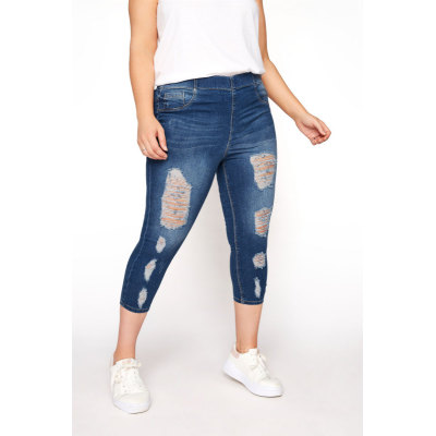 YOURS FOR GOOD Curve Indigo Blue Distressed Stretch Cropped JENNY Jeggings