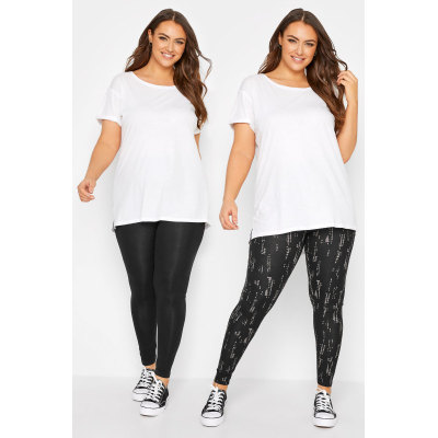 YOURS 2 PACK Curve Black & Textured Print Soft Touch Stretch Leggings