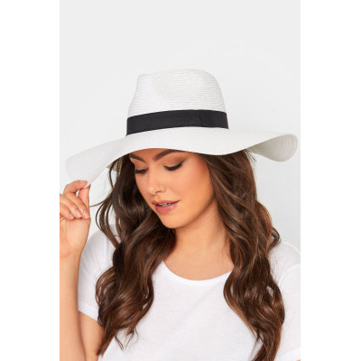 White Wide Brim Straw Fedora Hat