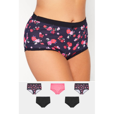 YOURS 5 PACK Curve Pink & Black Autumn Floral Print High Waisted Full Briefs