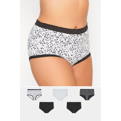 YOURS 5 PACK Curve Grey & Black Star Print High Waisted Full Briefs